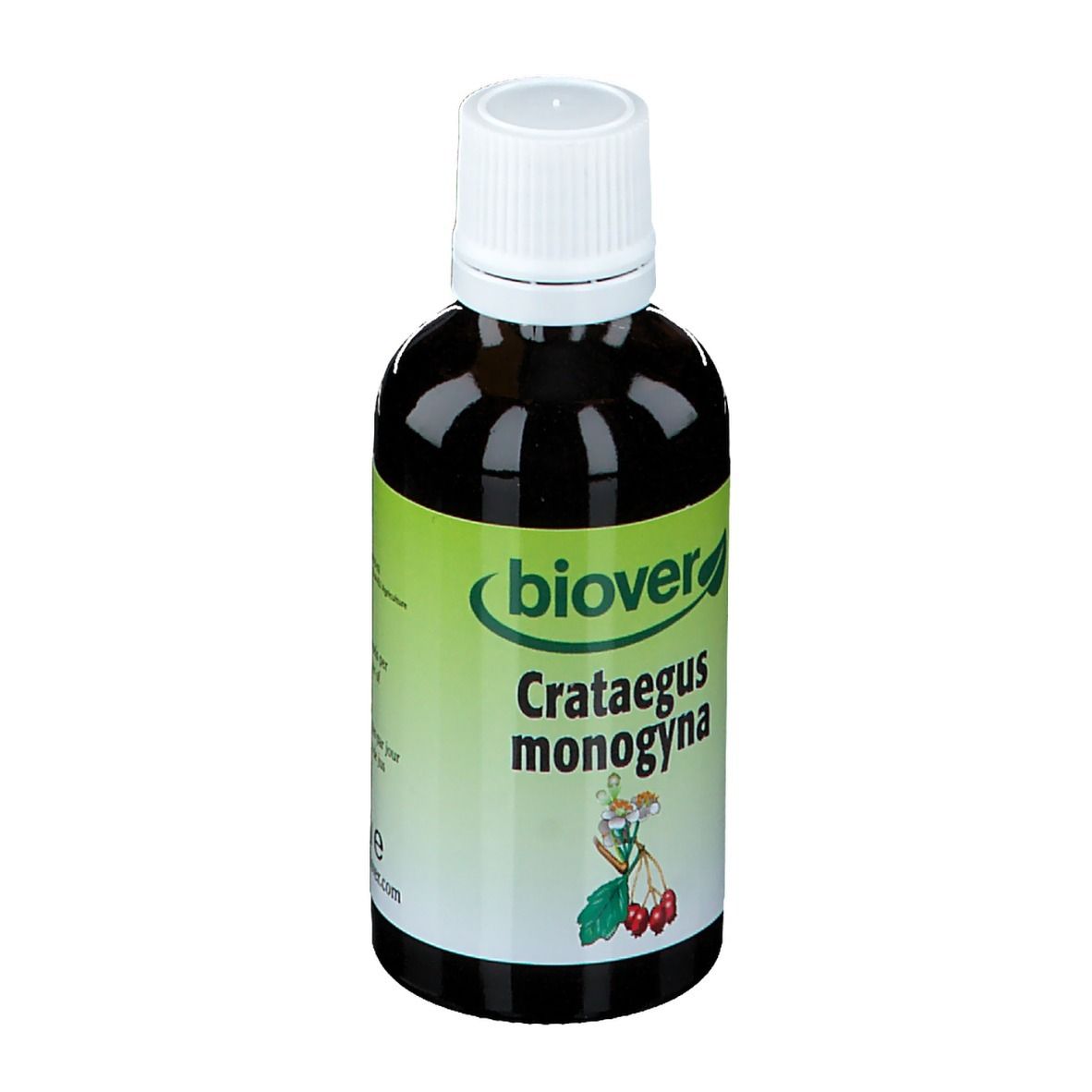 Liquide brun dans une bouteille à bouchon blanc. Inscription : Biover Crataegus monogyna. Avec illustration.