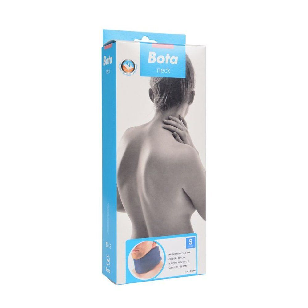 Collier cervical Bota en emballage. Inscription : Bota neck, image d'une personne.