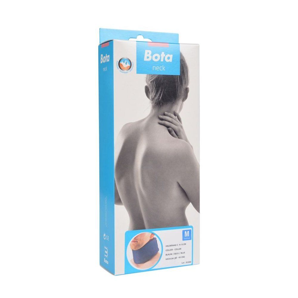 Boîte de collier cervical Bota. Femme touchant son cou. Taille M, bleu.