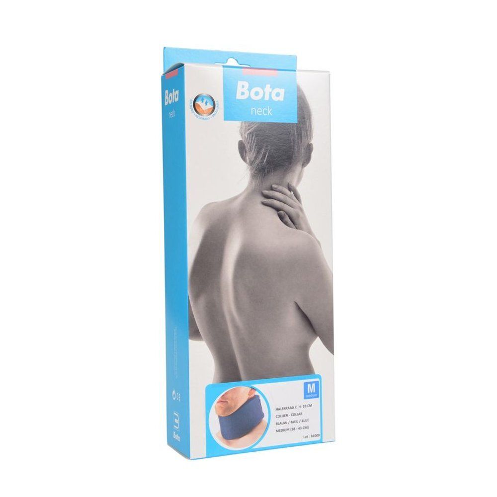 Collier cervical BOTA bleu, porté par une personne. Le collier est bleu foncé et possède une fermeture velcro.
