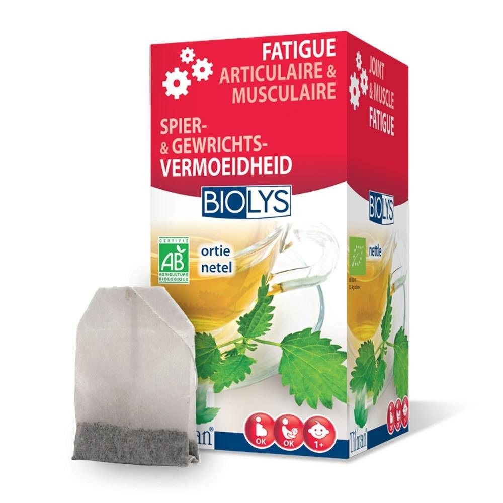 Boîte BIOLYS avec logo AB et sachet de thé. Inscriptions : Fatigue articulaire & musculaire, Spier- & gewrichtsvermoeidheid.