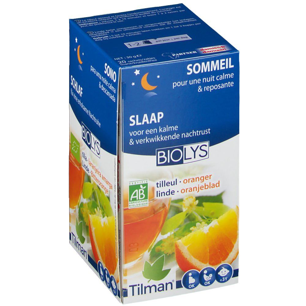 Boîte Biolys Tilleul - Oranger. Image d'orange et boisson. Label AB bio. Textes: Slaap, Sommeil, Sono.