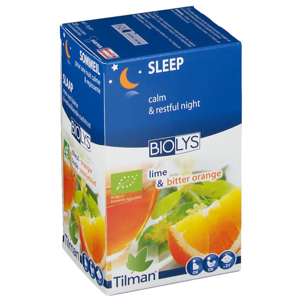 Boîte Biolys avec orange et boisson. Texte: Sleep, calm & restful night. Label AB bio. Texte: Lime & bitter orange.