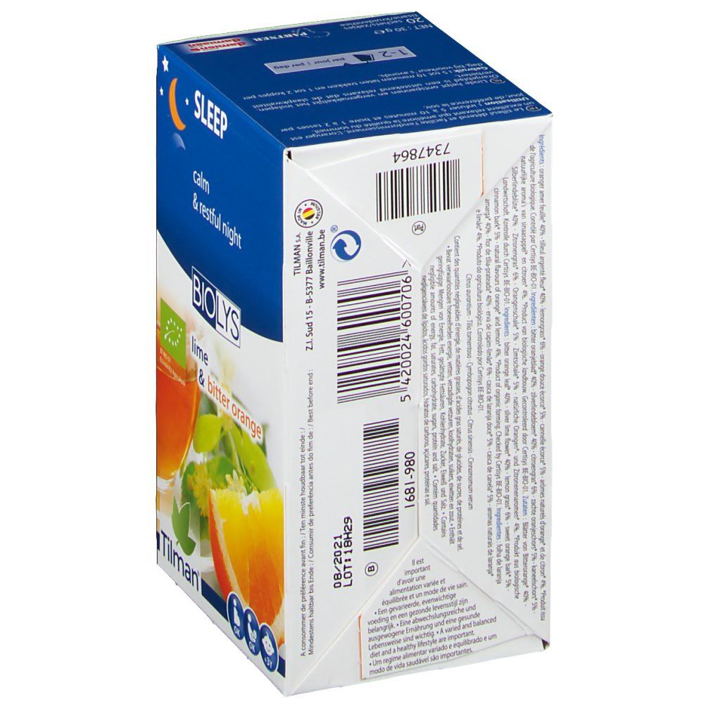 Boîte Biolys, dos. Code-barres et texte. Label AB bio. Texte: Lime & bitter orange. Texte: Sleep, calm & restful night.