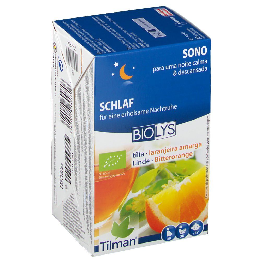 Boîte Biolys avec orange et boisson. Texte: Sono, Schlaf. Label AB bio. Texte: Tilia, Laranjeira amarga, Linde, Bitterorange.