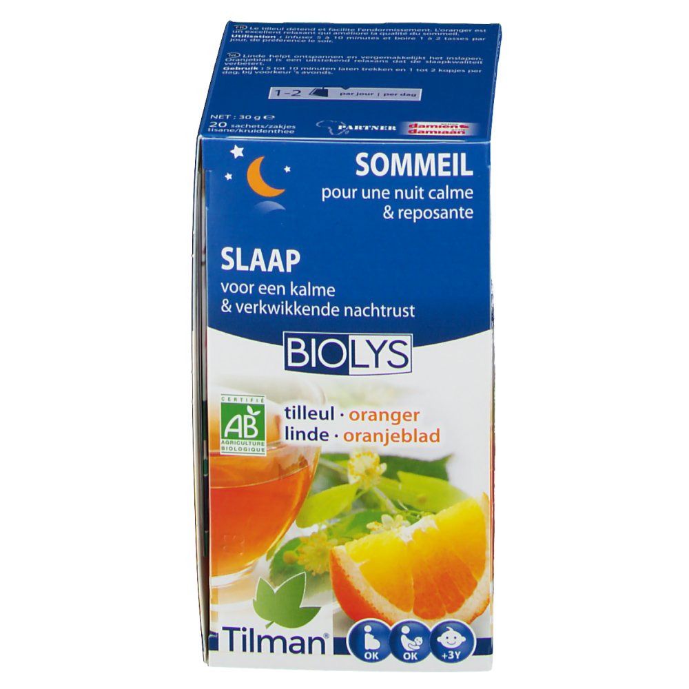 Boîte Biolys Tilleul - Oranger. Image d'orange et boisson. Label AB bio. Textes: Slaap, Sommeil, Sono.
