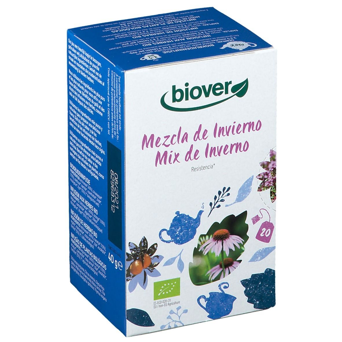 Boîte de thé Biover Wintermix d'hiver. Illustrations florales, label bio et 40g. Inscription en plusieurs langues.