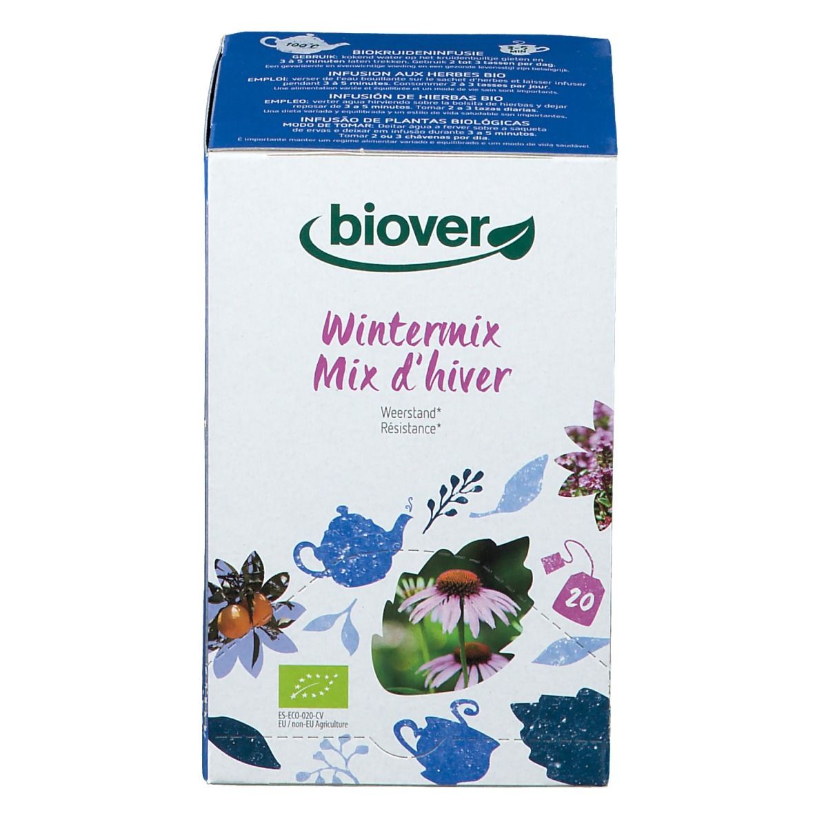 Boîte de thé Biover Wintermix d'hiver. Illustrations florales, label bio et 20 sachets. Inscription en plusieurs langues.