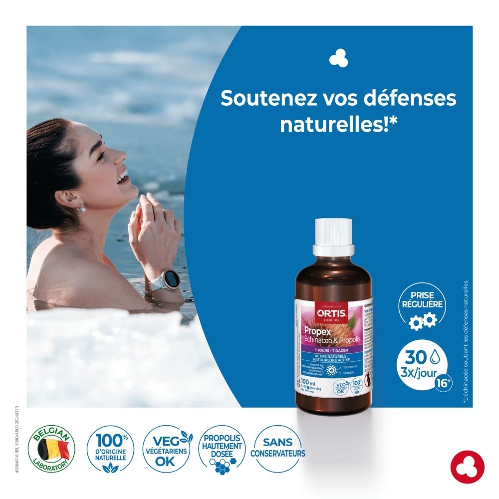 Bouteille en verre brun avec bouchon à vis blanc, étiquette avec fleur d'échinacée et informations produit.
