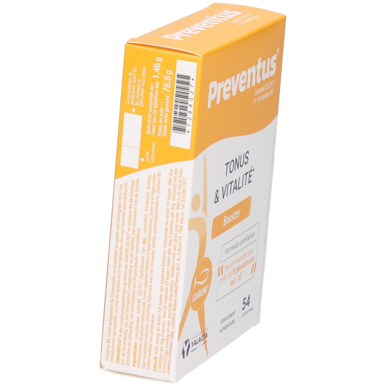 Boîte de Yalacta Preventus, complément alimentaire pour le tonus et la vitalité, 54 gélules.