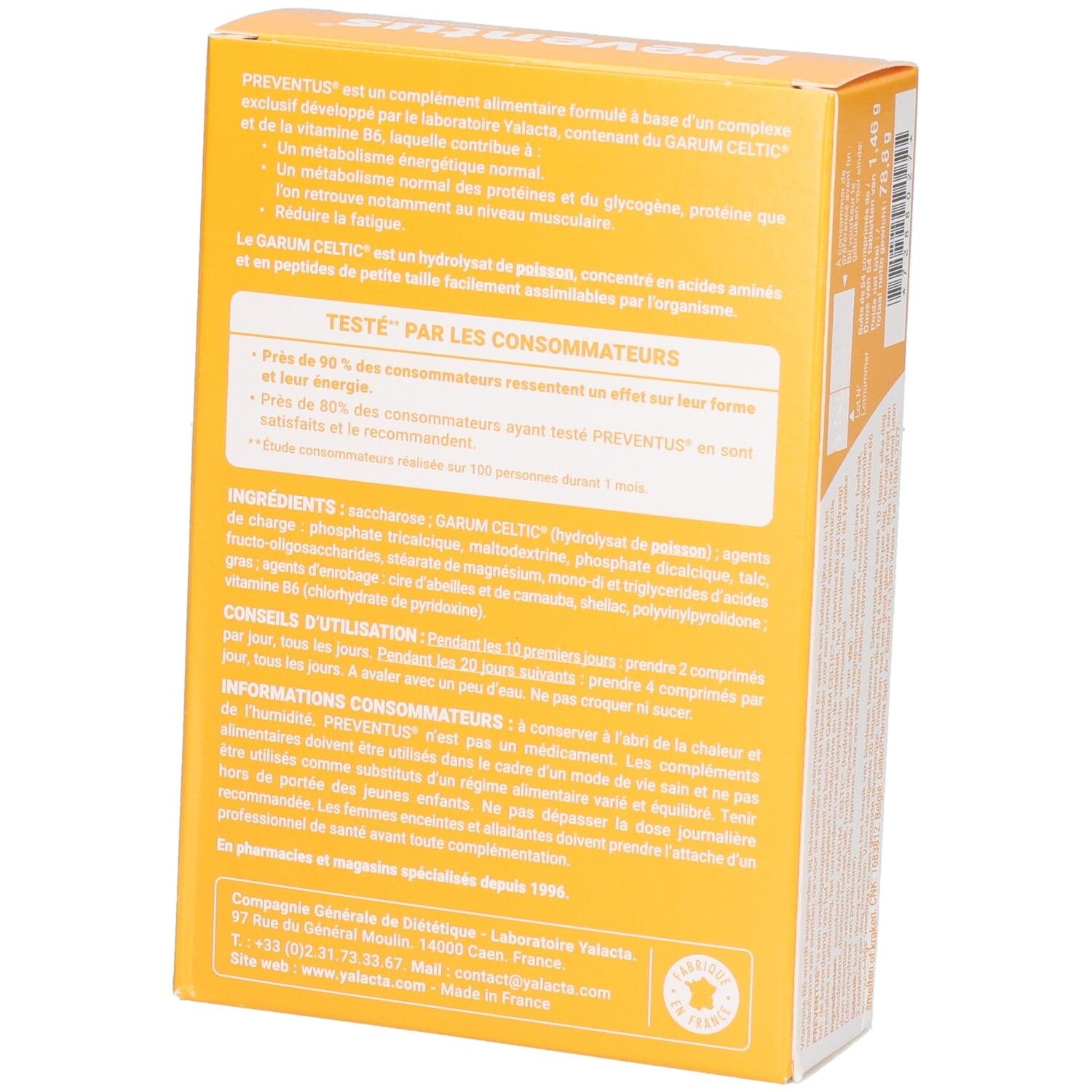 Boîte de Yalacta Preventus, complément alimentaire pour le tonus et la vitalité, 54 gélules.