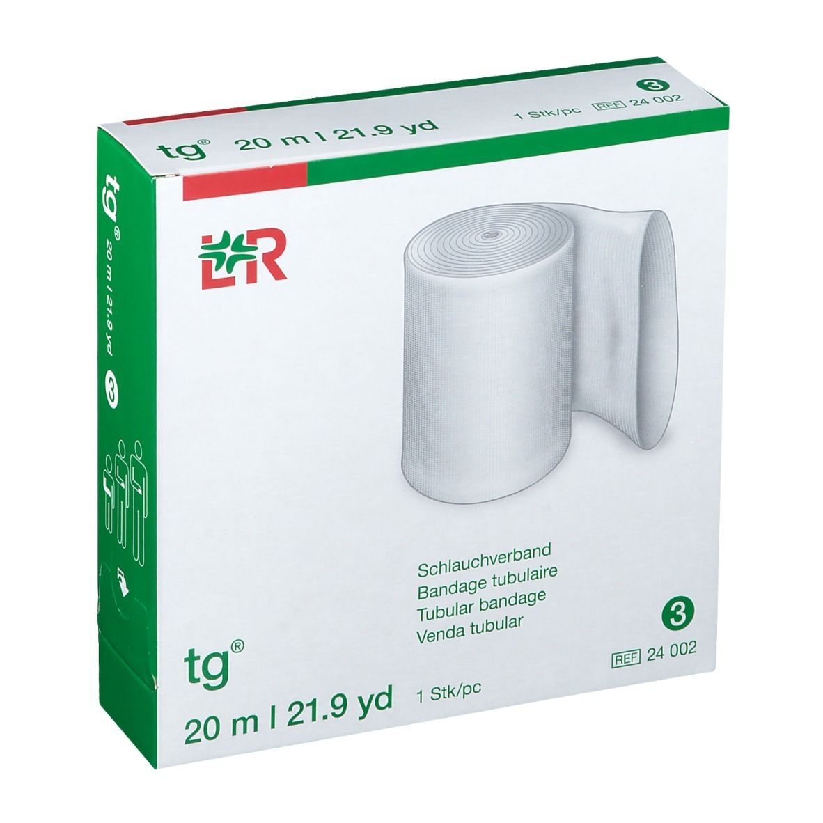 Emballage de bandage tubulaire blanc. Inscription: tg, 20 m | 21.9 yd. 1 pc. 3. Logo L&R.