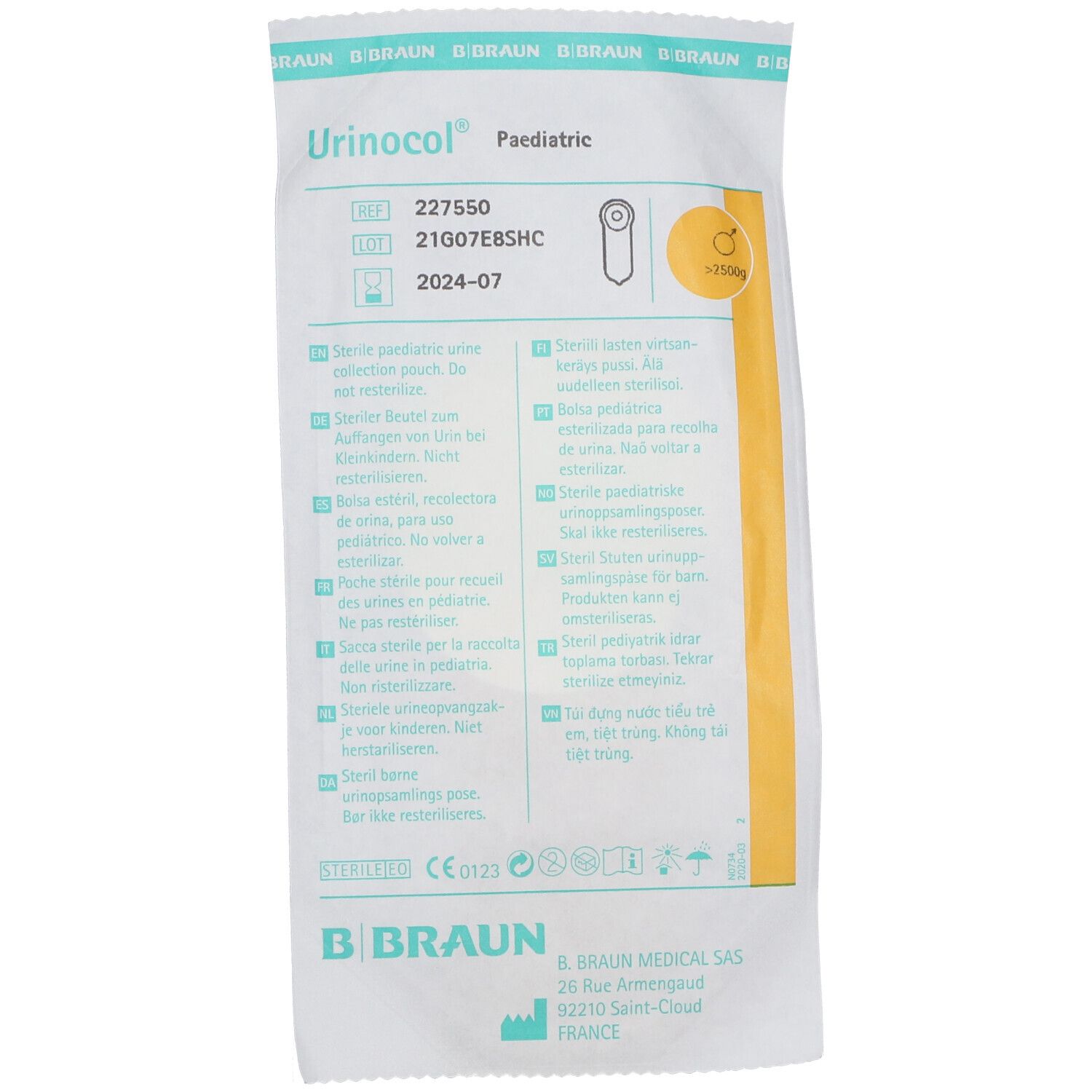 Emballage Urinocol. Texte : 'Urinocol', 'Pediatric', numéro de produit, numéro de lot, date de péremption. Logo B. Braun.