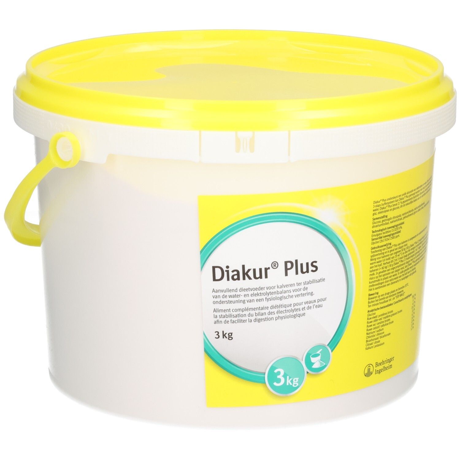 Diakur Plus 3 kg dans un seau blanc avec couvercle et anse jaunes. Étiquette jaune à l'avant avec informations produit.