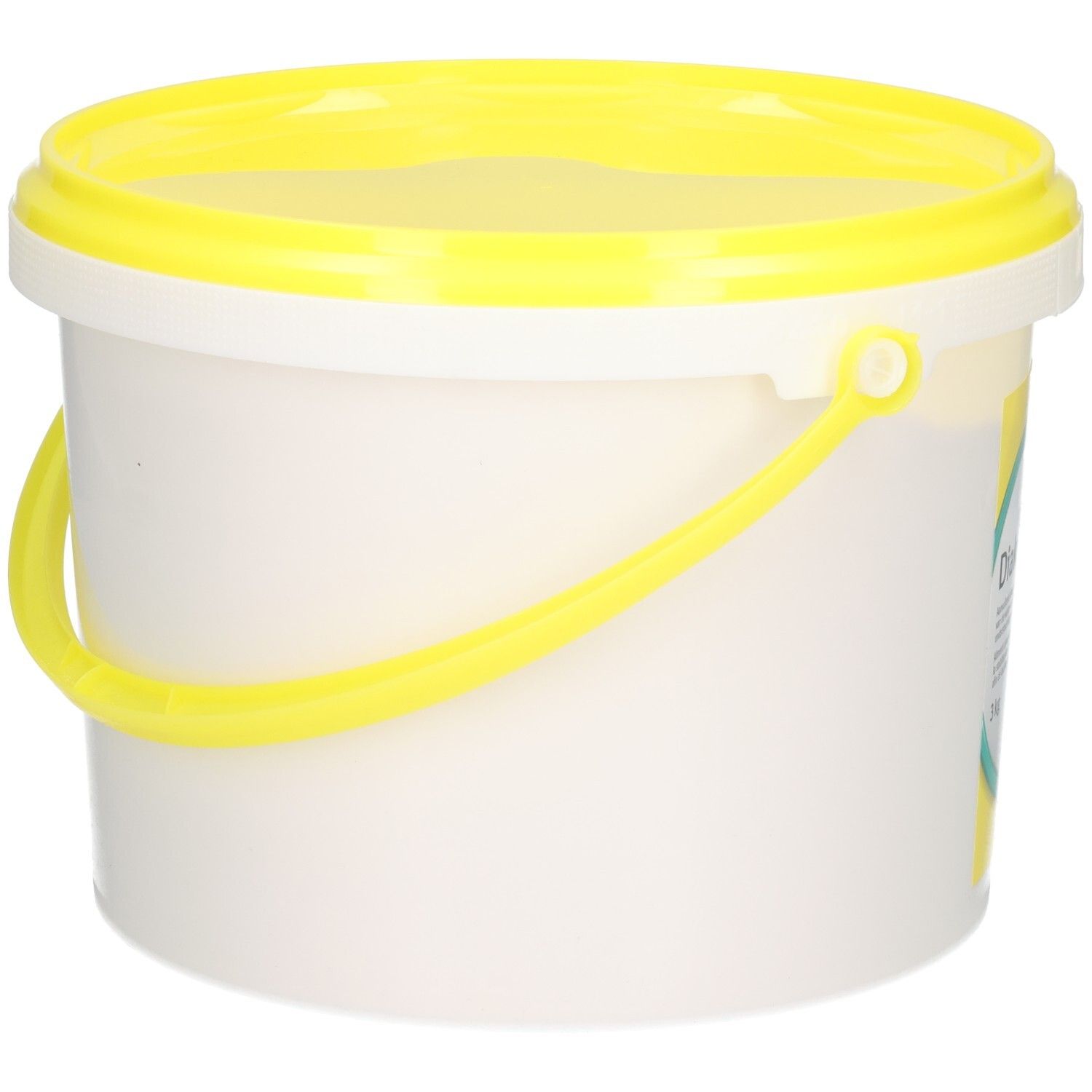 Diakur Plus 3 kg dans un seau blanc avec couvercle et anse jaunes, vue de côté.