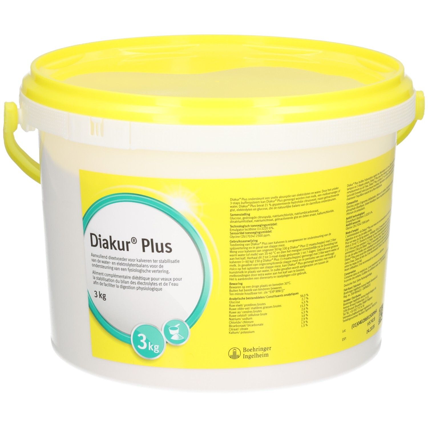 Diakur Plus 3 kg dans un seau blanc avec couvercle et anse jaunes. Étiquette jaune à l'avant avec informations produit.
