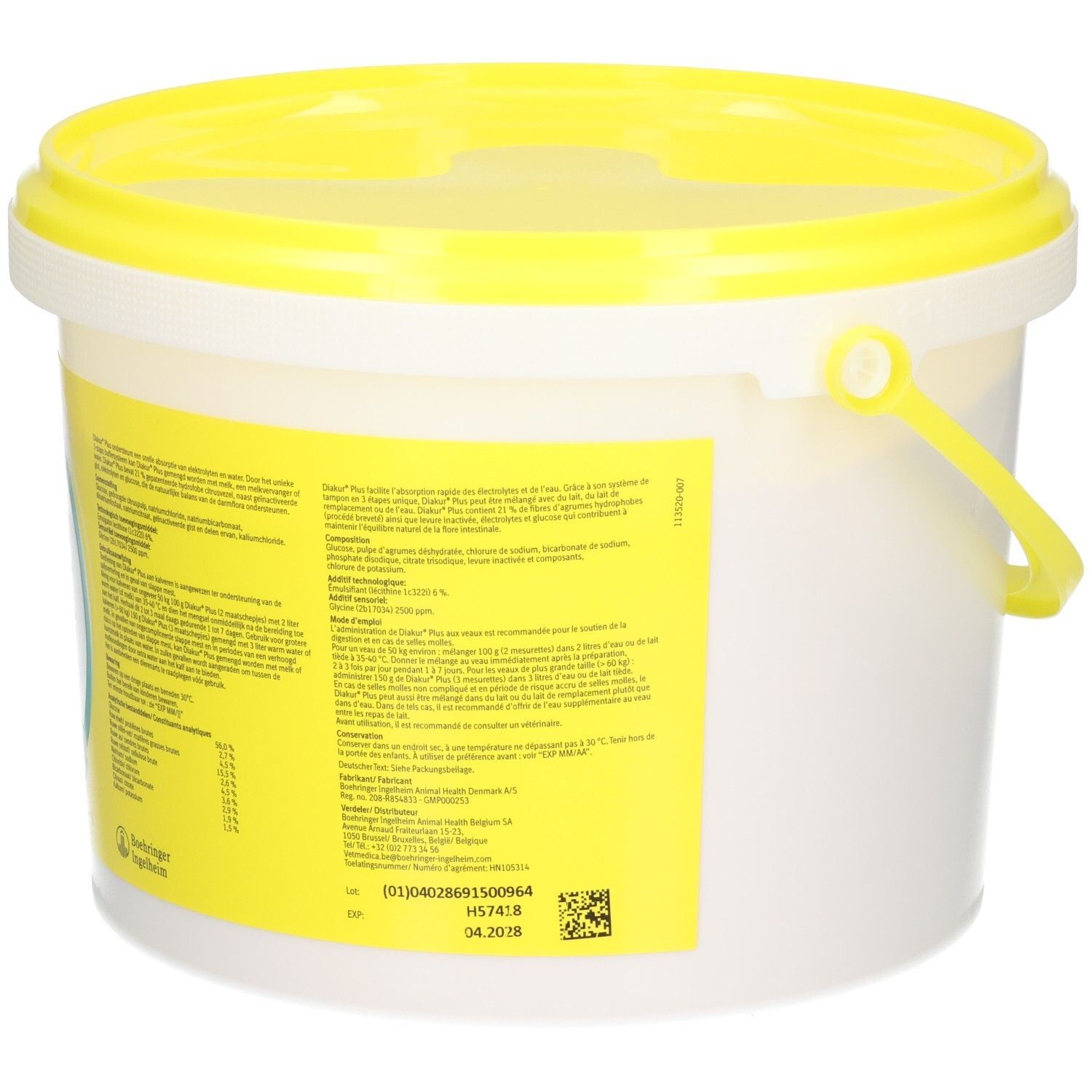 Diakur Plus 3 kg dans un seau blanc avec couvercle et anse jaunes. Étiquette arrière jaune avec informations détaillées.
