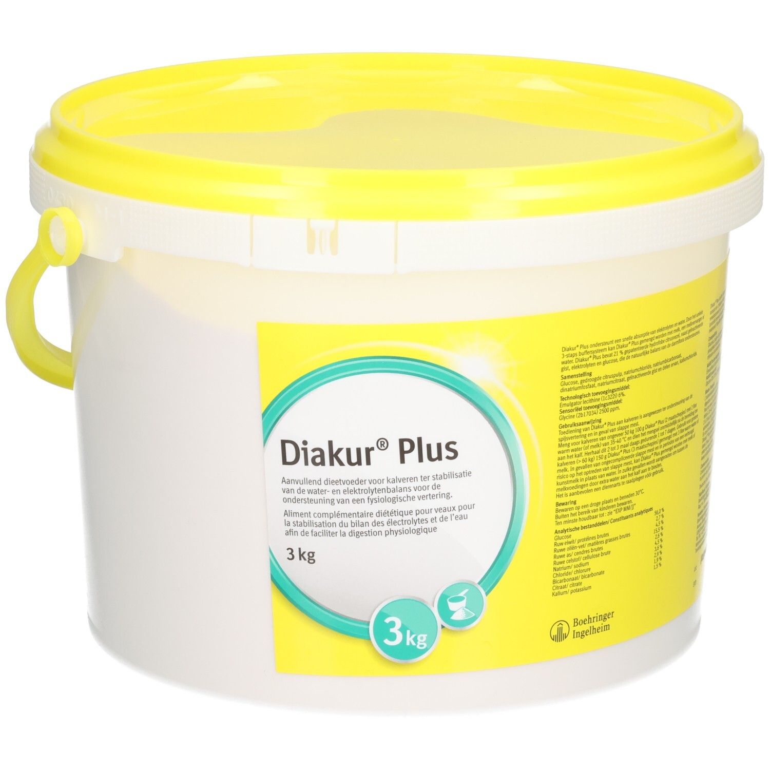 Diakur Plus 3 kg dans un seau blanc avec couvercle et anse jaunes. Étiquette jaune à l'avant avec informations produit.