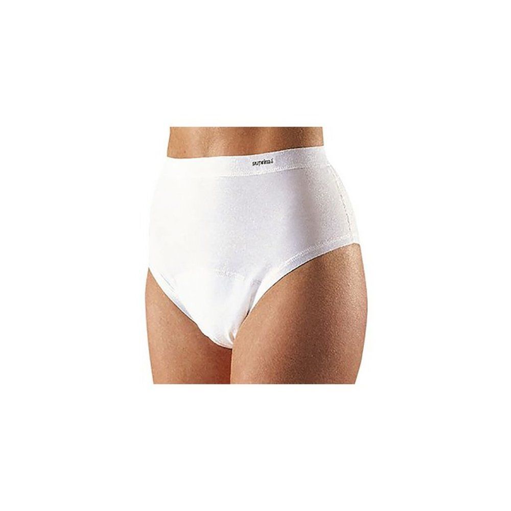 Culotte blanche, marque Suprima. Taille haute. Vue sur le bas-ventre. Nom du produit non visible.