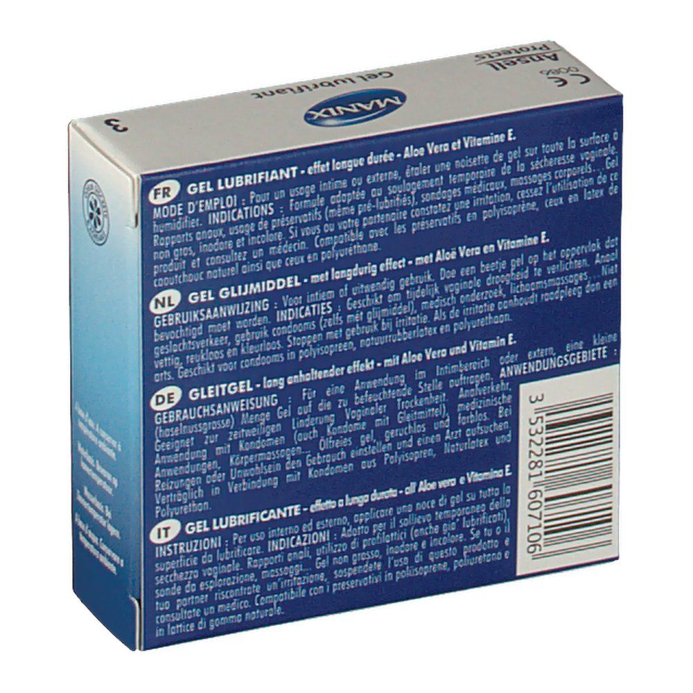 Dos de la boîte "MANIX Gel lubrifiant". Textes en français, néerlandais, allemand, italien.