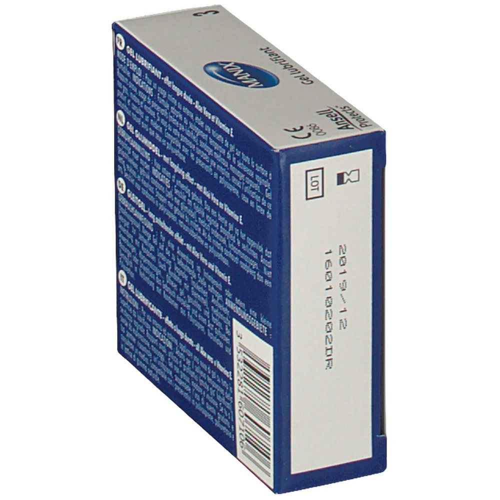 Emballage "MANIX Gel lubrifiant". Marque CE. Numéro de lot et date de péremption.