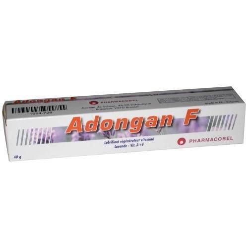 Boîte en carton avec le nom "Adongan F". Inscription : "Lubrifiant régénérateur vitaminé Lavande - Vit. A + F". Marque Pharmacobel.