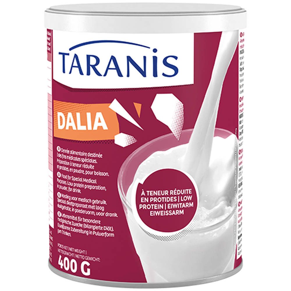 Boîte avec étiquette rouge. Inscription: TARANIS DALIA. Illustration: du lait versé dans un verre. Contient 400g.