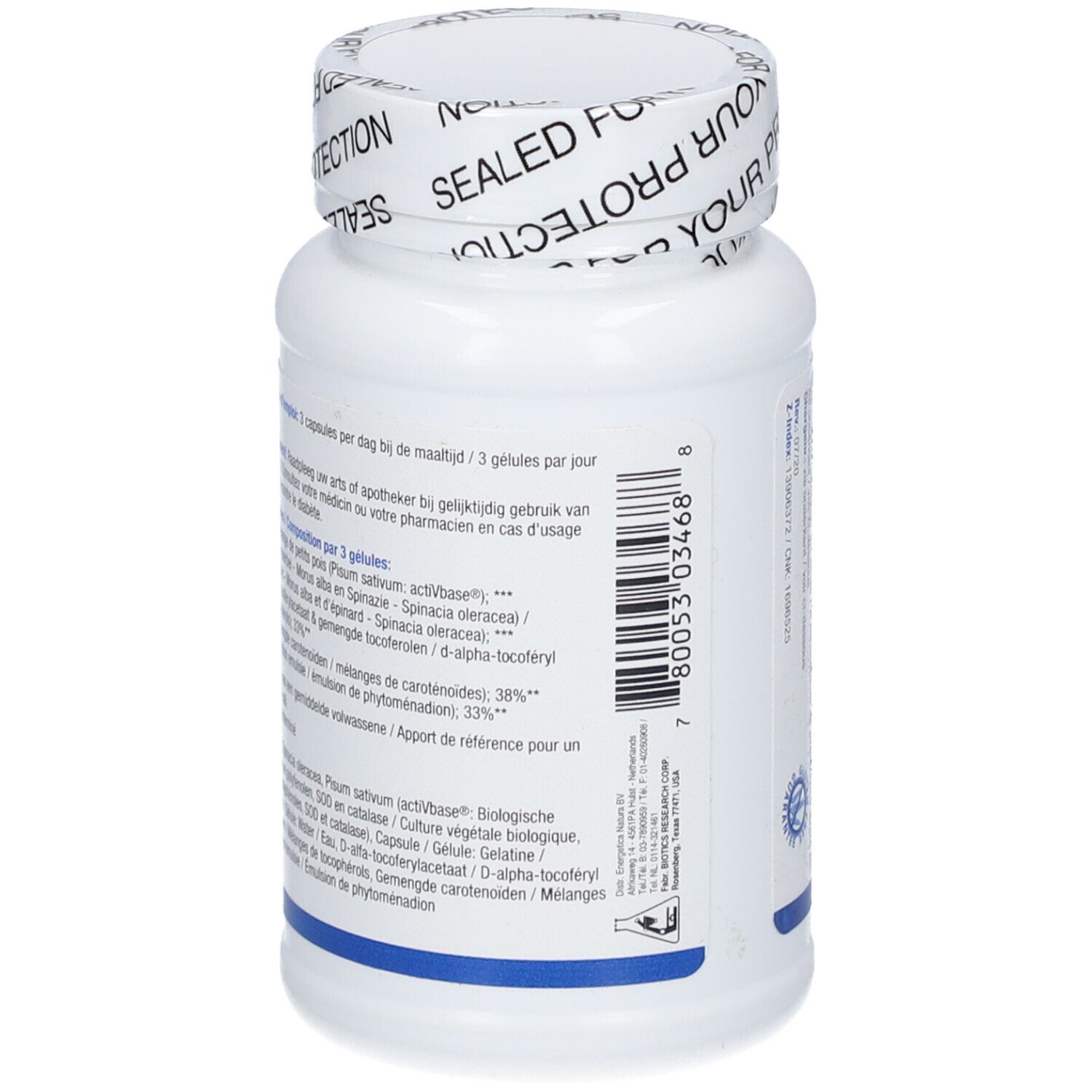 Dos d'un flacon blanc de Chlorocaps. Texte: Ingrédients, dosage, avertissements. BIOTICS RESEARCH. 90 gélules.