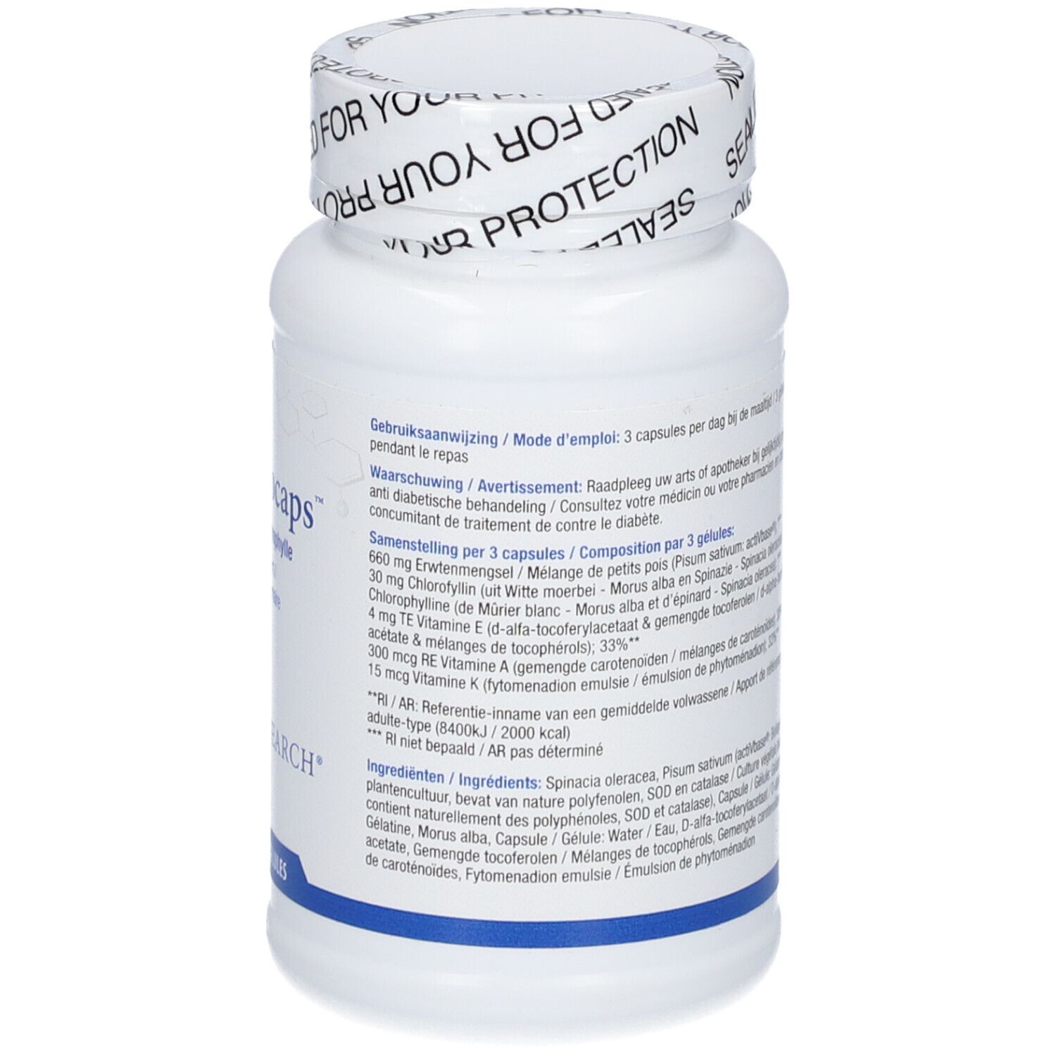 Flacon blanc de Chlorocaps. Inscription: Chlorofyl/Chlorophylle, Voedingssupplement/Complément alimentaire, BIOTICS RESEARCH. 90 gélules.