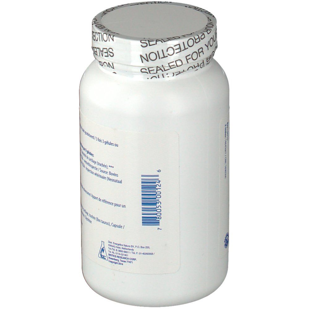 Dos d'un flacon blanc. Code-barres et texte. Sceau: Sealed for your protection.