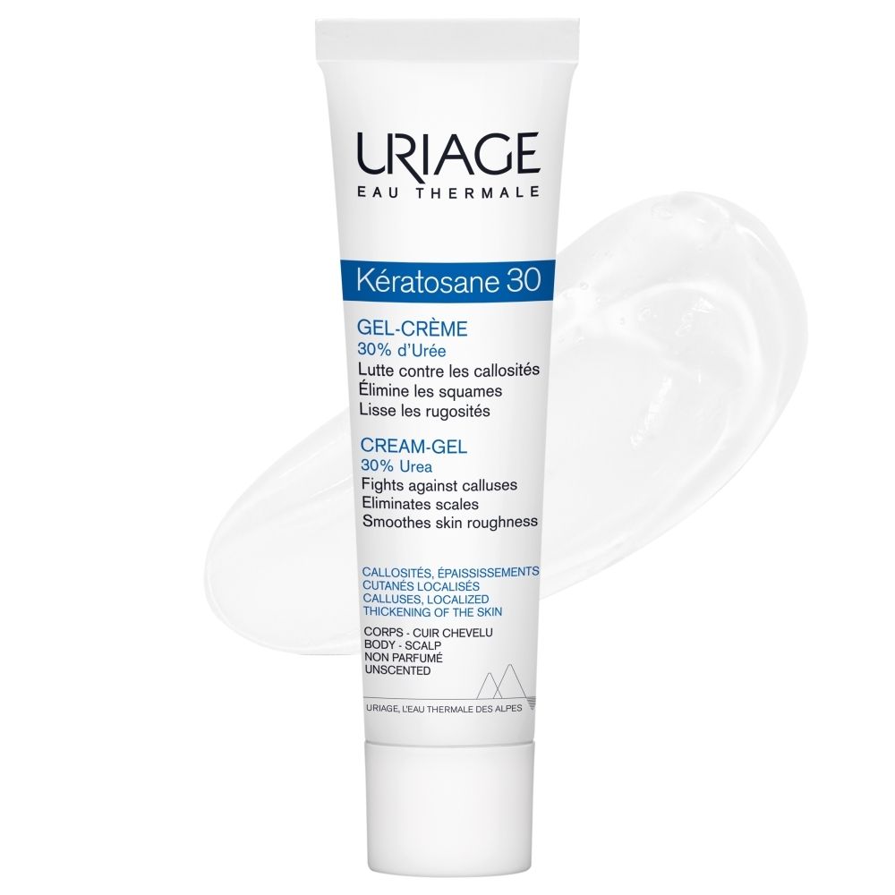 Tube Uriage Keratosane 30 Gel-Crème avec 30% d'Urée, avec une trace de crème.
