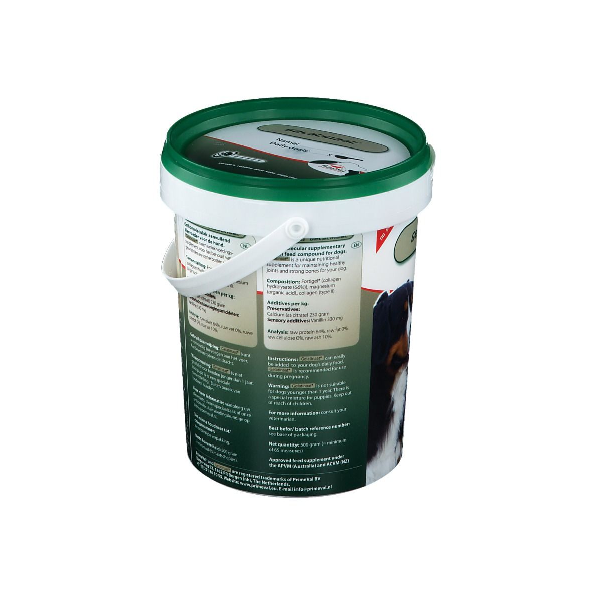 Seau avec couvercle vert. Dos avec texte. Contient des informations sur le produit et ses ingrédients.