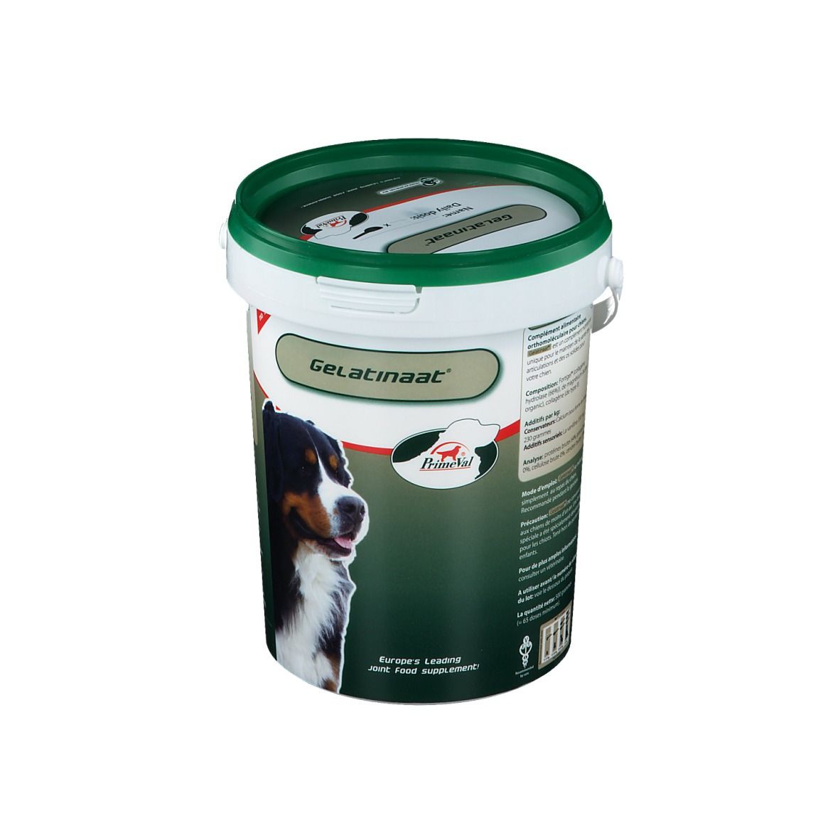 Seau vert et blanc avec couvercle vert. Inscription Gelatinaat. Image d'un chien. Texte: Europe's Leading Joint Food Supplement.