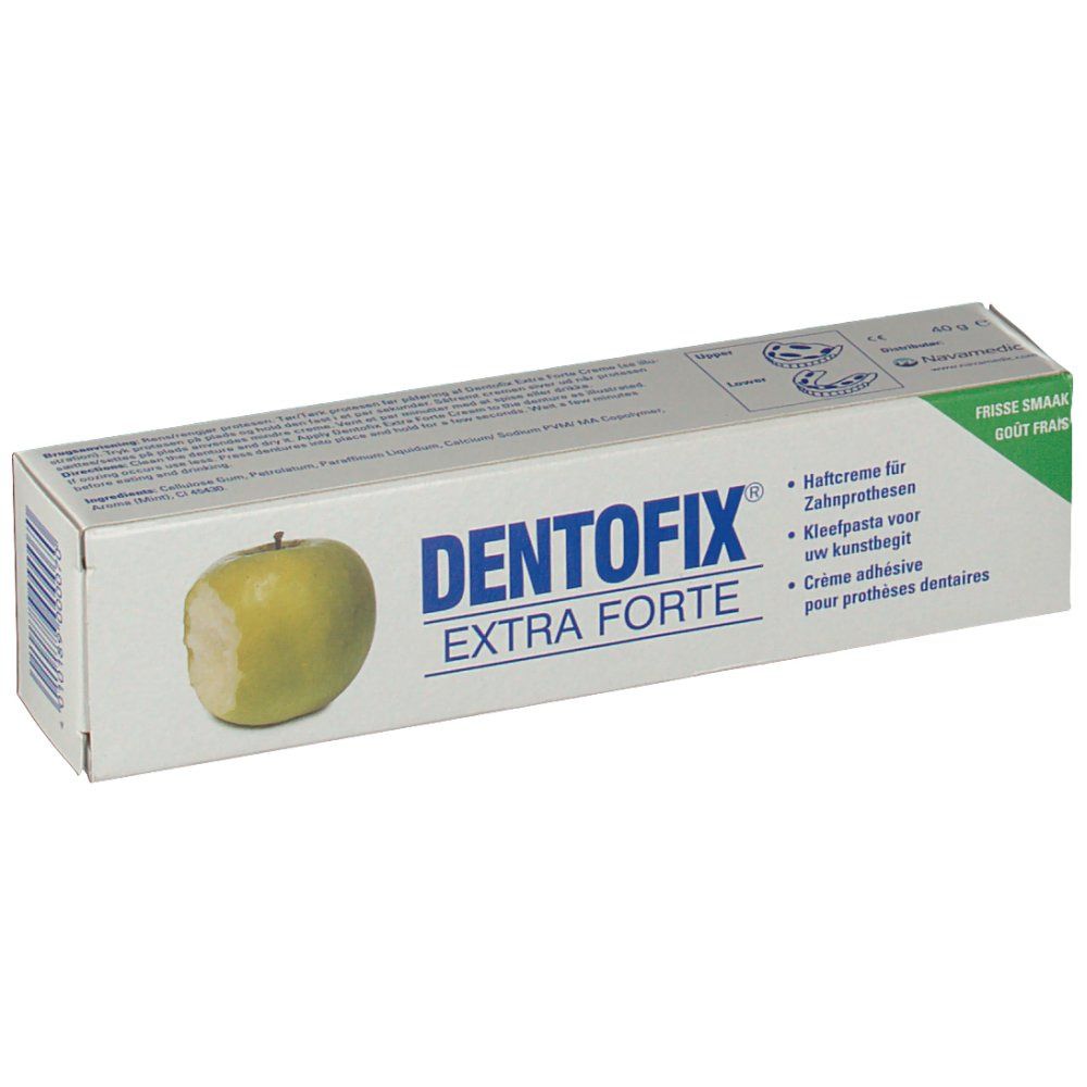 Boîte DentoFix Extra Forte. Emballage blanc avec accent vert et illustration de pomme. Texte: Crème adhésive pour prothèses dentaires.