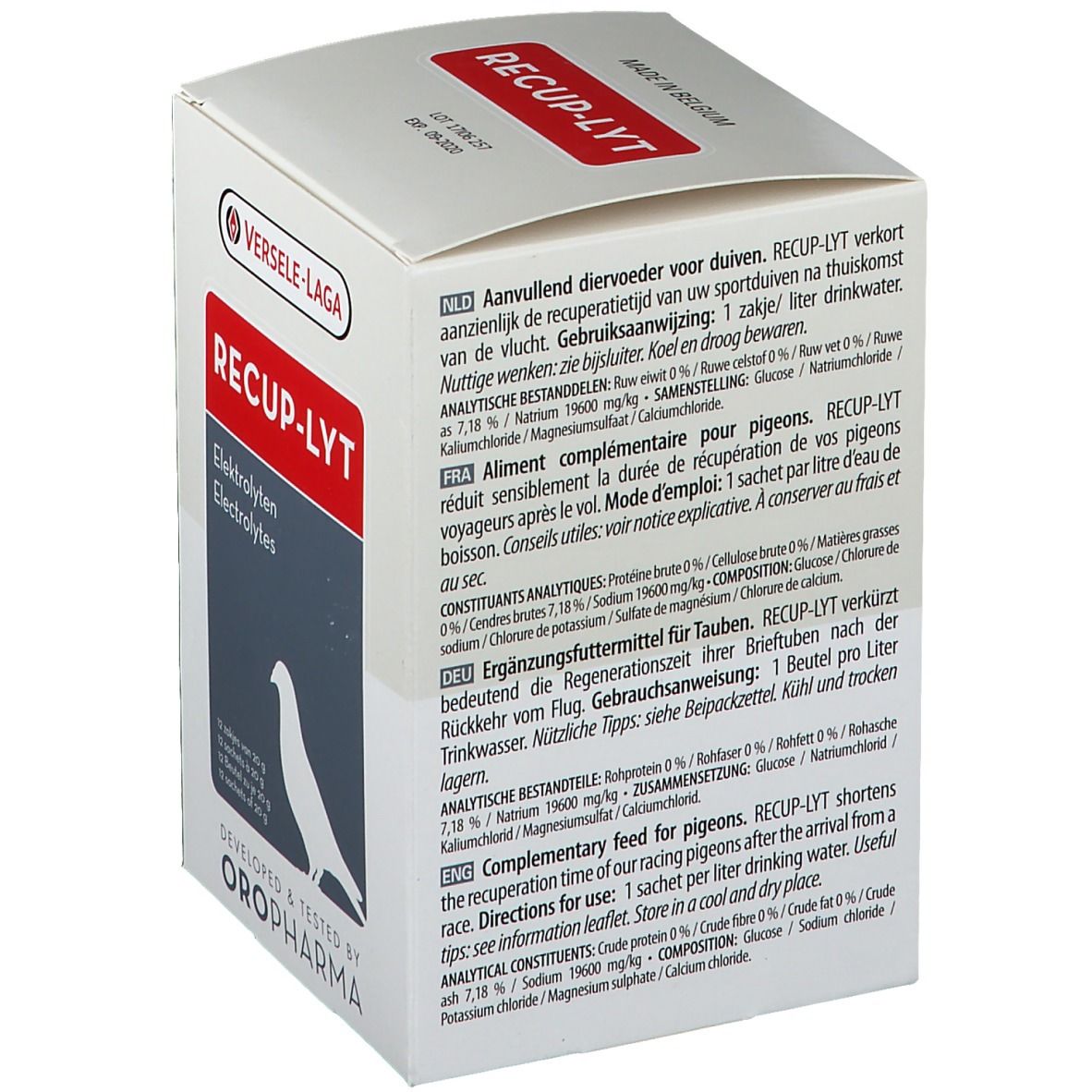 Boîte blanche avec texte multilingue. Inscription RECUP-LYT, Electrolytes. Logo Versele-Laga. Contient 12 sachets.