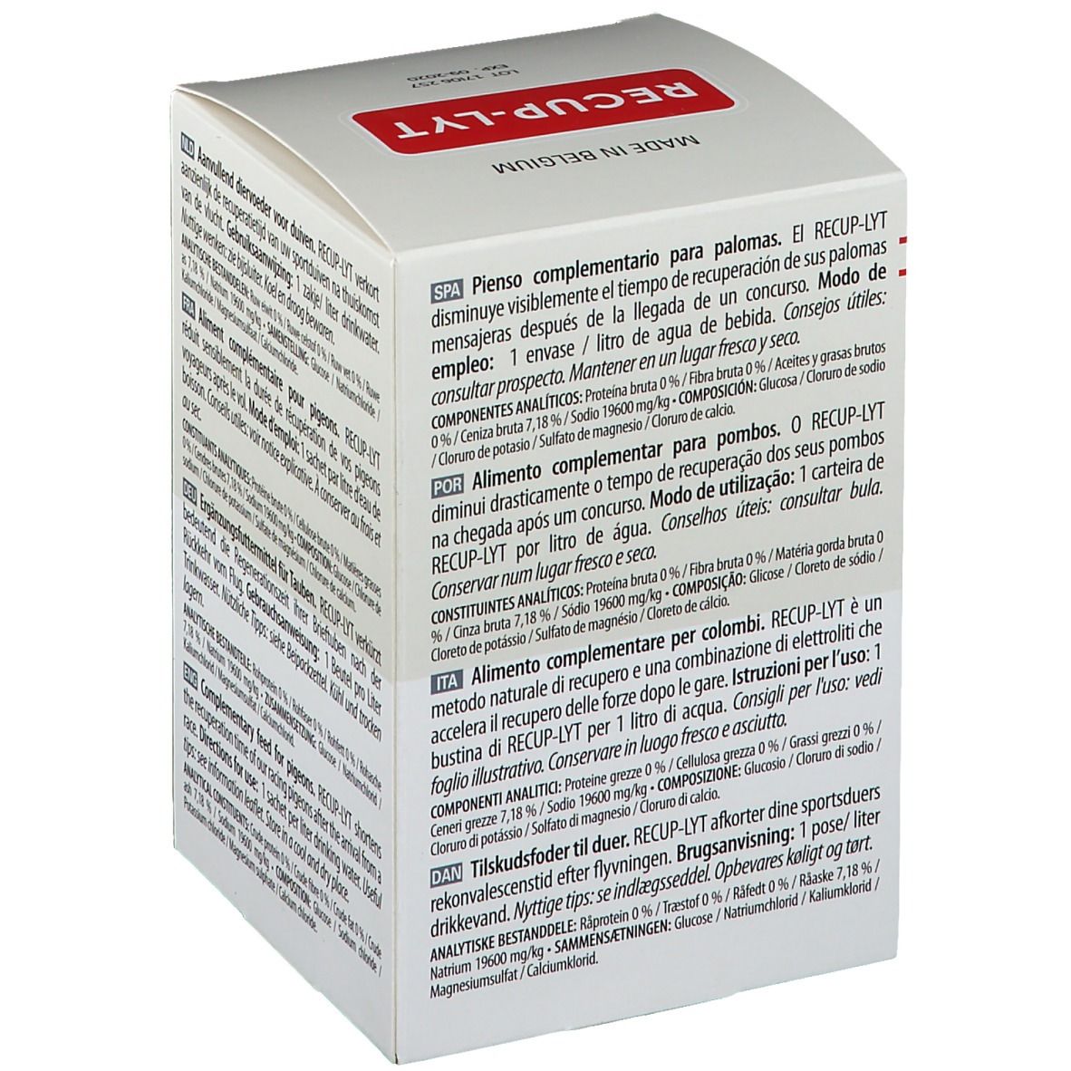 Boîte blanche avec texte multilingue. Inscription RECUP-LYT. Logo Versele-Laga. Fabriqué en Belgique. Contient 12 sachets.