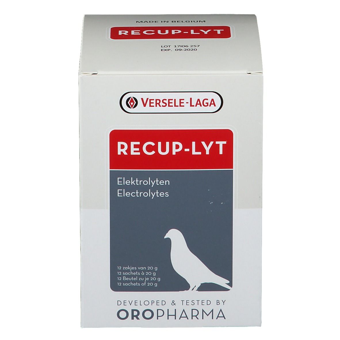 Boîte blanche avec design rouge et gris. Inscription RECUP-LYT, Electrolytes. Logo Versele-Laga. Contient 12 sachets.
