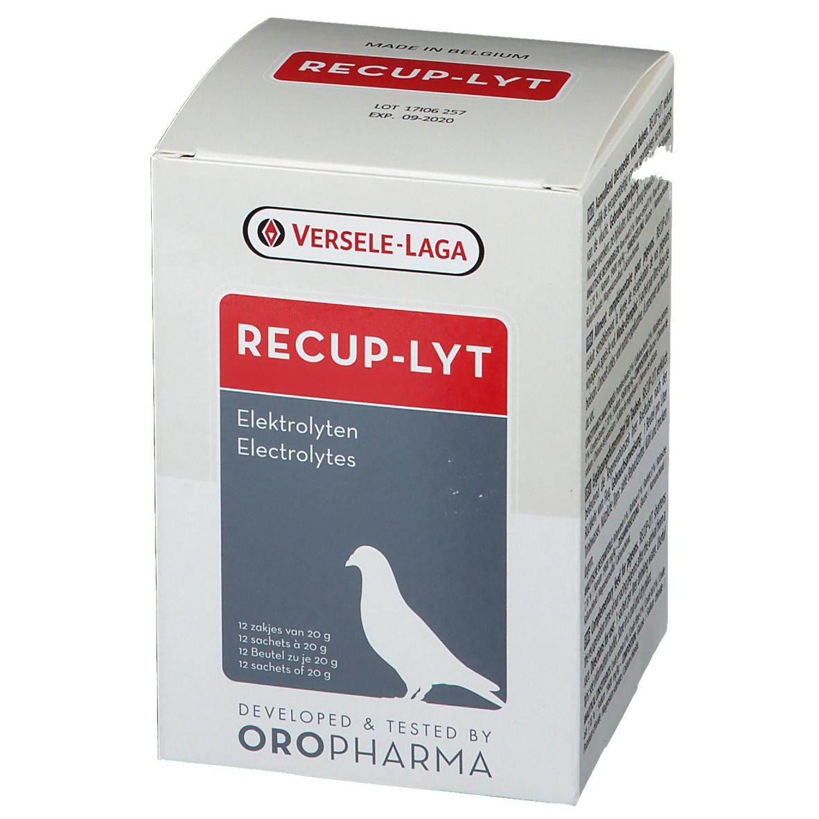 Boîte blanche avec design rouge et gris. Inscription RECUP-LYT, Electrolytes. Logo Versele-Laga. Contient 12 sachets.