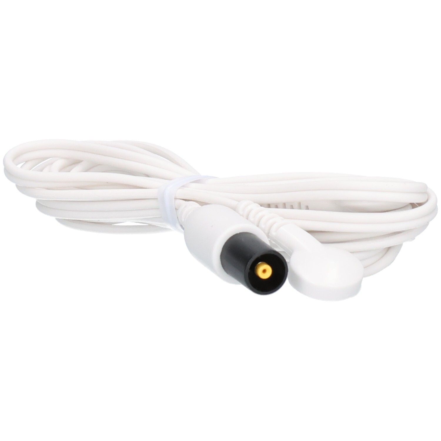 Câble blanc avec deux connecteurs, une fiche ronde et une connexion ovale.