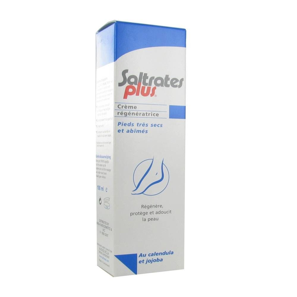 Boîte Saltrates Plus. Blanc, bleu et rouge. Texte: Crème régénératrice, pieds très secs et abîmés. Illustration d'un pied.