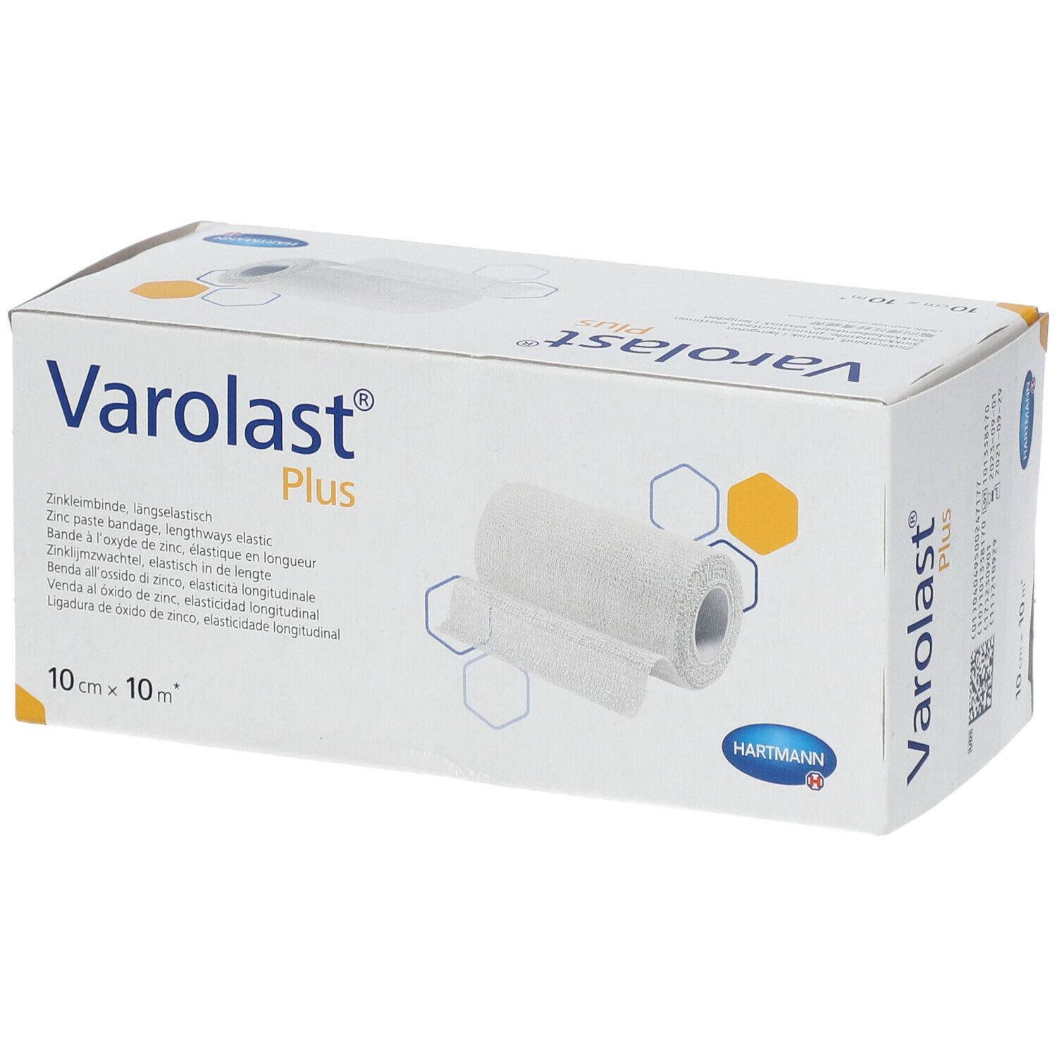 Emballage de Varolast Plus. Inscription : 10 cm x 10 m. Bandage en rouleau illustré.