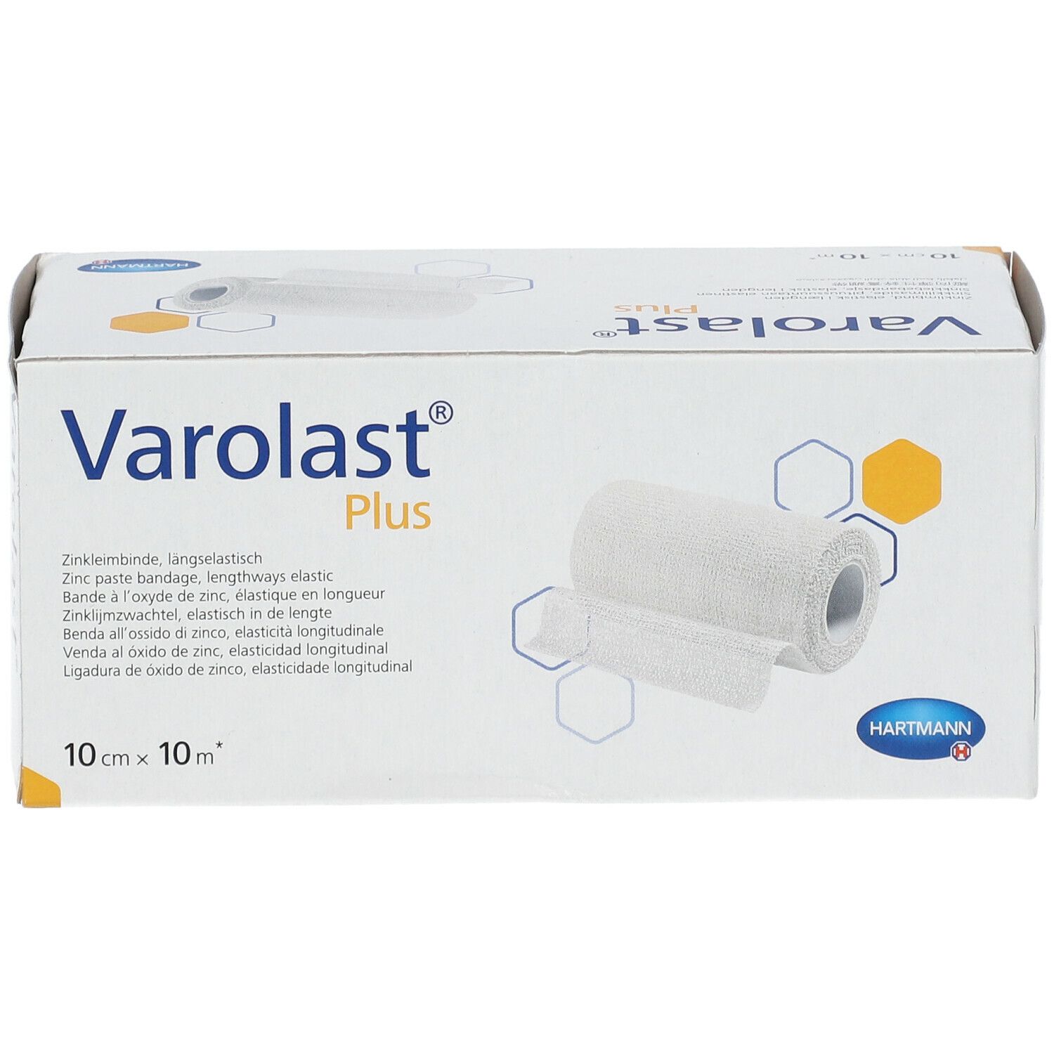 Emballage de Varolast Plus. Inscription : 10 cm x 10 m. Bandage en rouleau illustré.