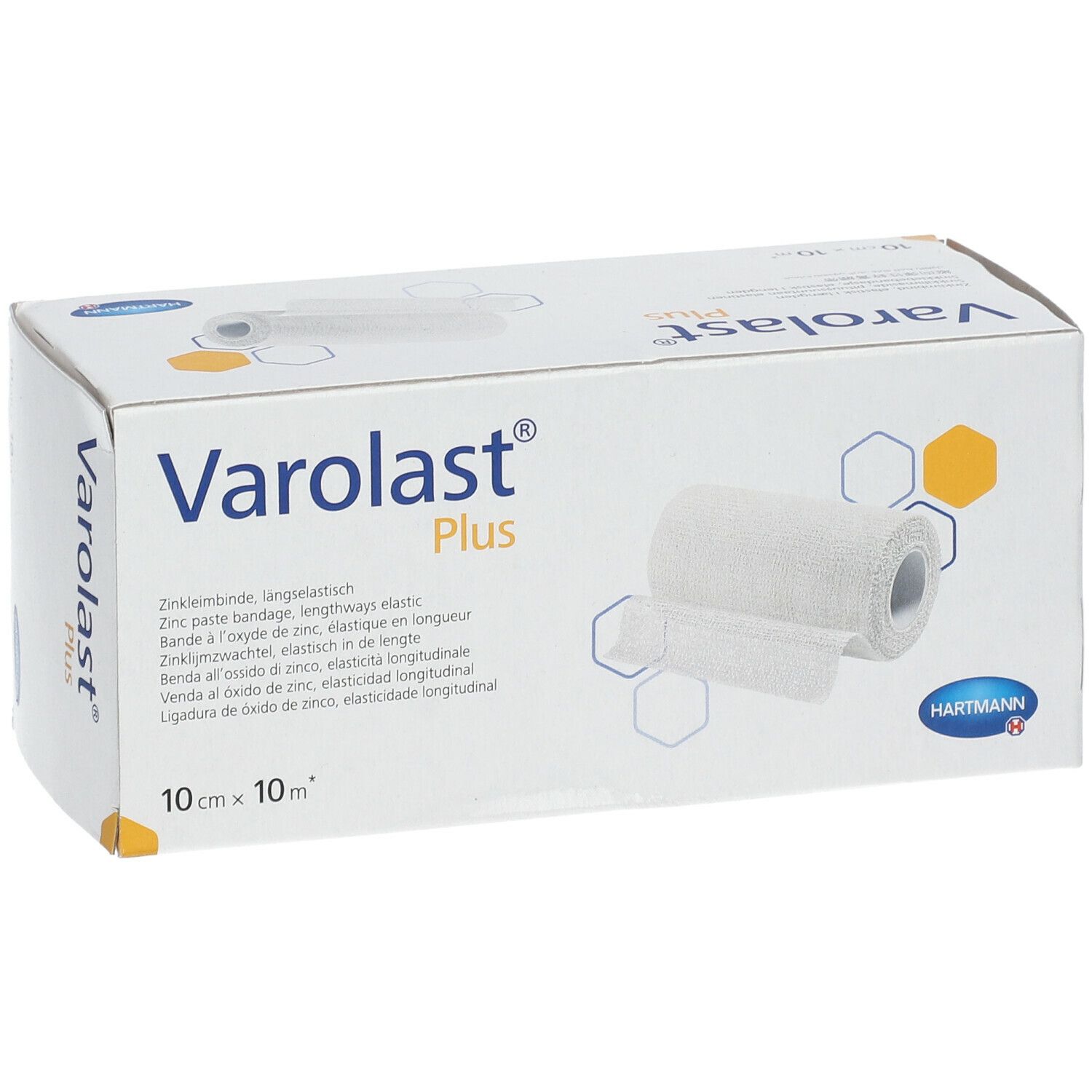 Emballage de Varolast Plus. Inscription : 10 cm x 10 m. Bandage en rouleau illustré. Logo Hartmann.
