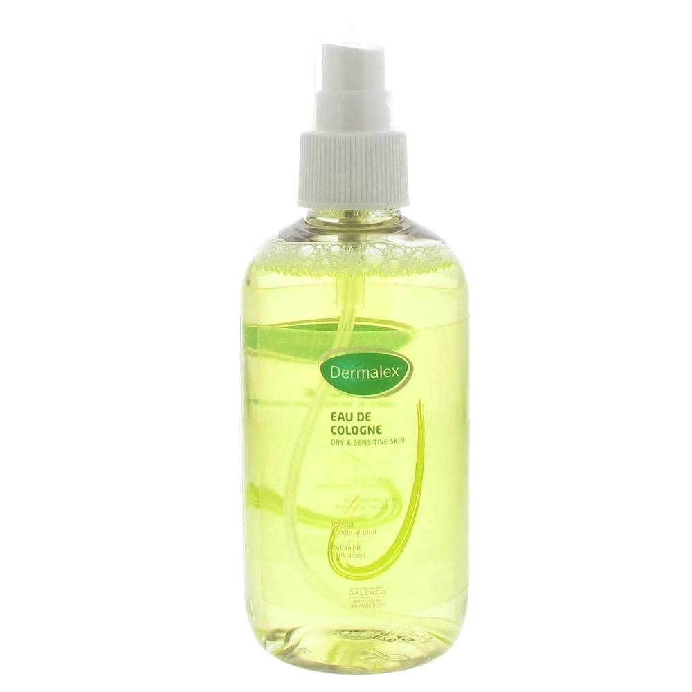 Flacon de Dermalex Eau de Cologne. Liquide jaune clair. Inscription pour peaux sèches et sensibles.