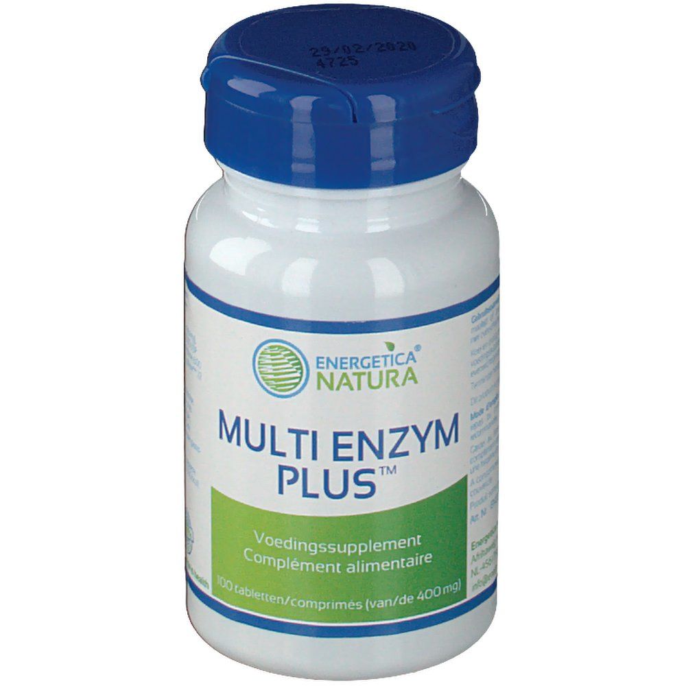Flacon blanc, bouchon bleu. Inscription: Multi Enzym Plus, Energetica Natura. 100 comprimés.