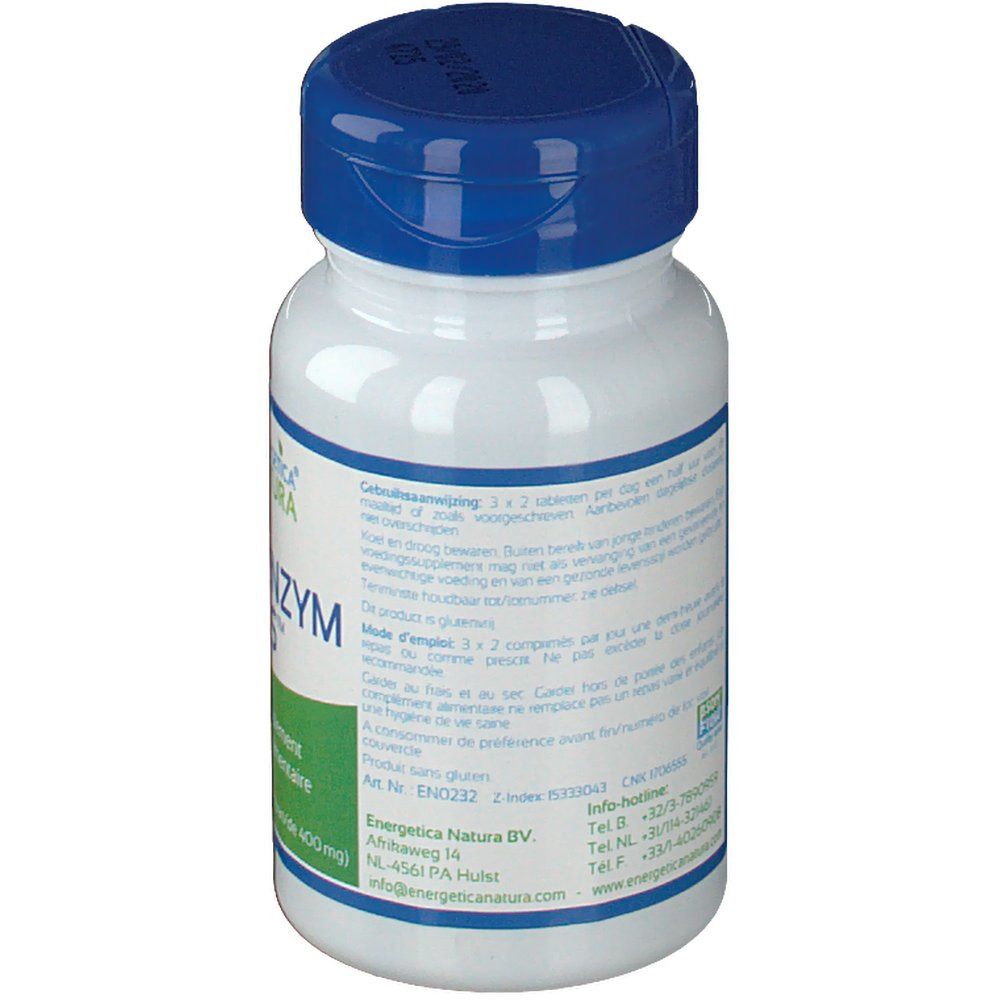 Flacon blanc, bouchon bleu. Dos avec texte. Logo Energetica Natura. Texte en néerlandais et français.
