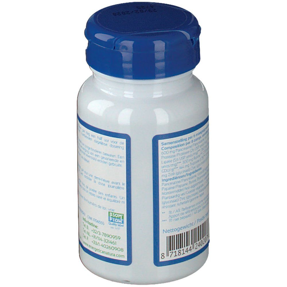 Flacon blanc, bouchon bleu. Ingrédients et informations nutritionnelles. Label bio.