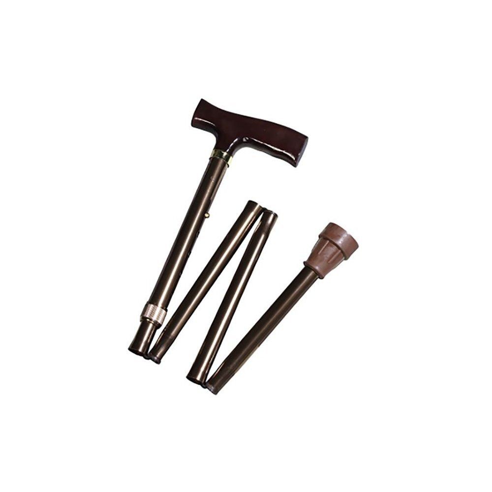 Canne pliante bronze avec poignée et embout marron. Se plie en quatre parties.