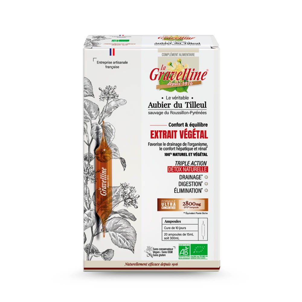 Boîte de la Gravelline avec ampoule. Inscription: Aubier du Tilleul, Extrait végétal. Certification AB Bio.