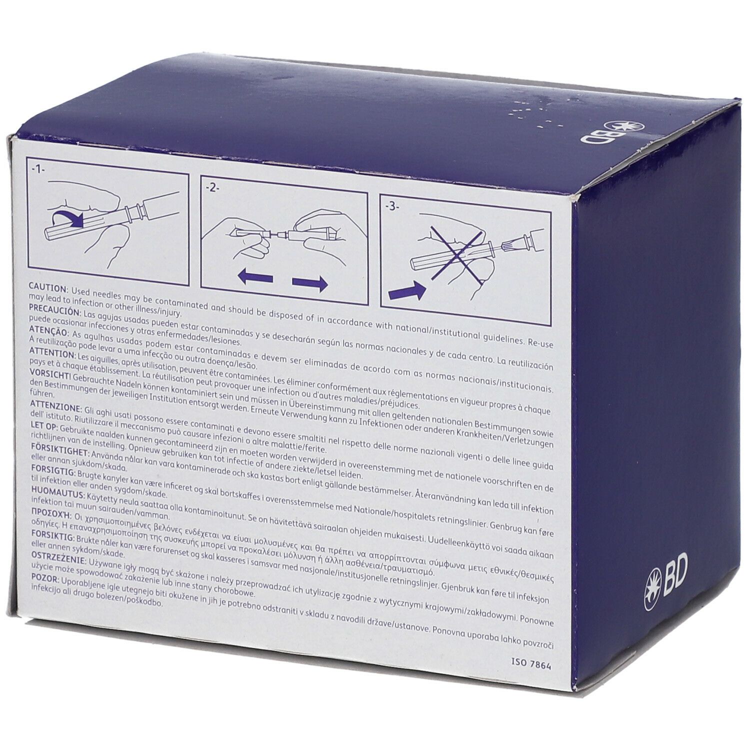 Dos de l'emballage de BD Microlance 3. Instructions et avertissements multilingues.